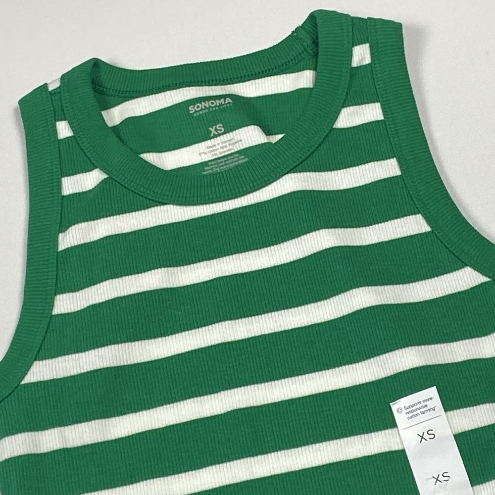 Sonoma Ribbed Tank Top Size XS Green White Stripe Cotton Blend Stretch Shirt NWT